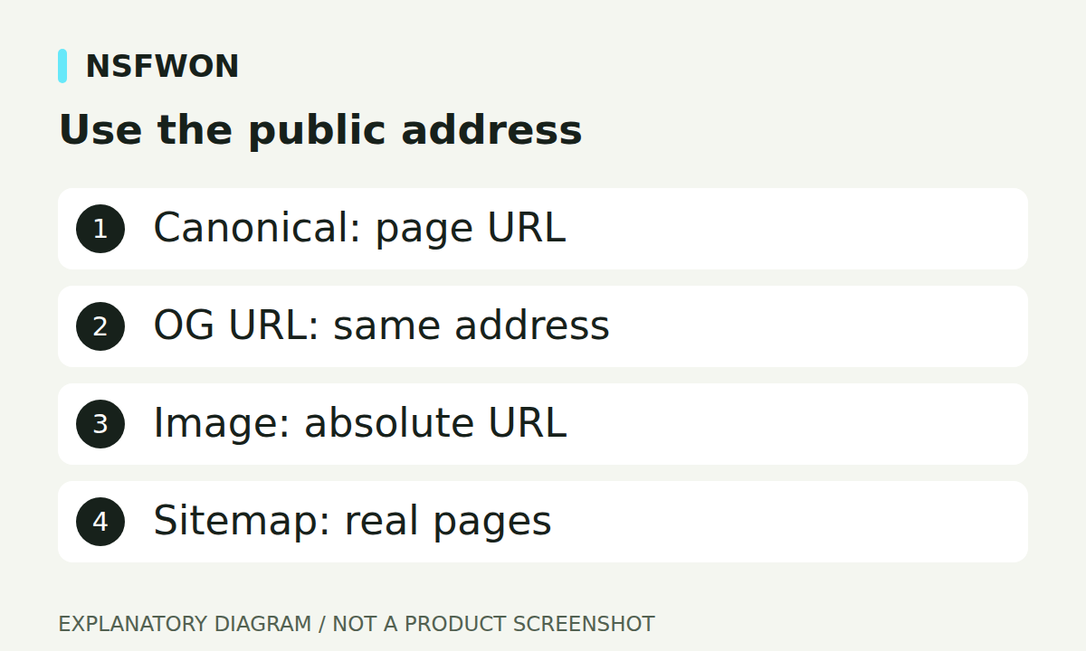 Use the public address: Canonical: page URL, OG URL: same address, Image: absolute URL, Sitemap: real pages
